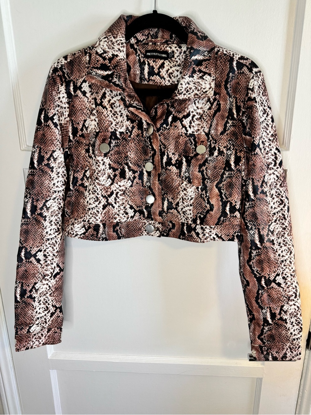 PrettyLittleThing Snake Print Cropped Moto Jacket Brown US 6/8